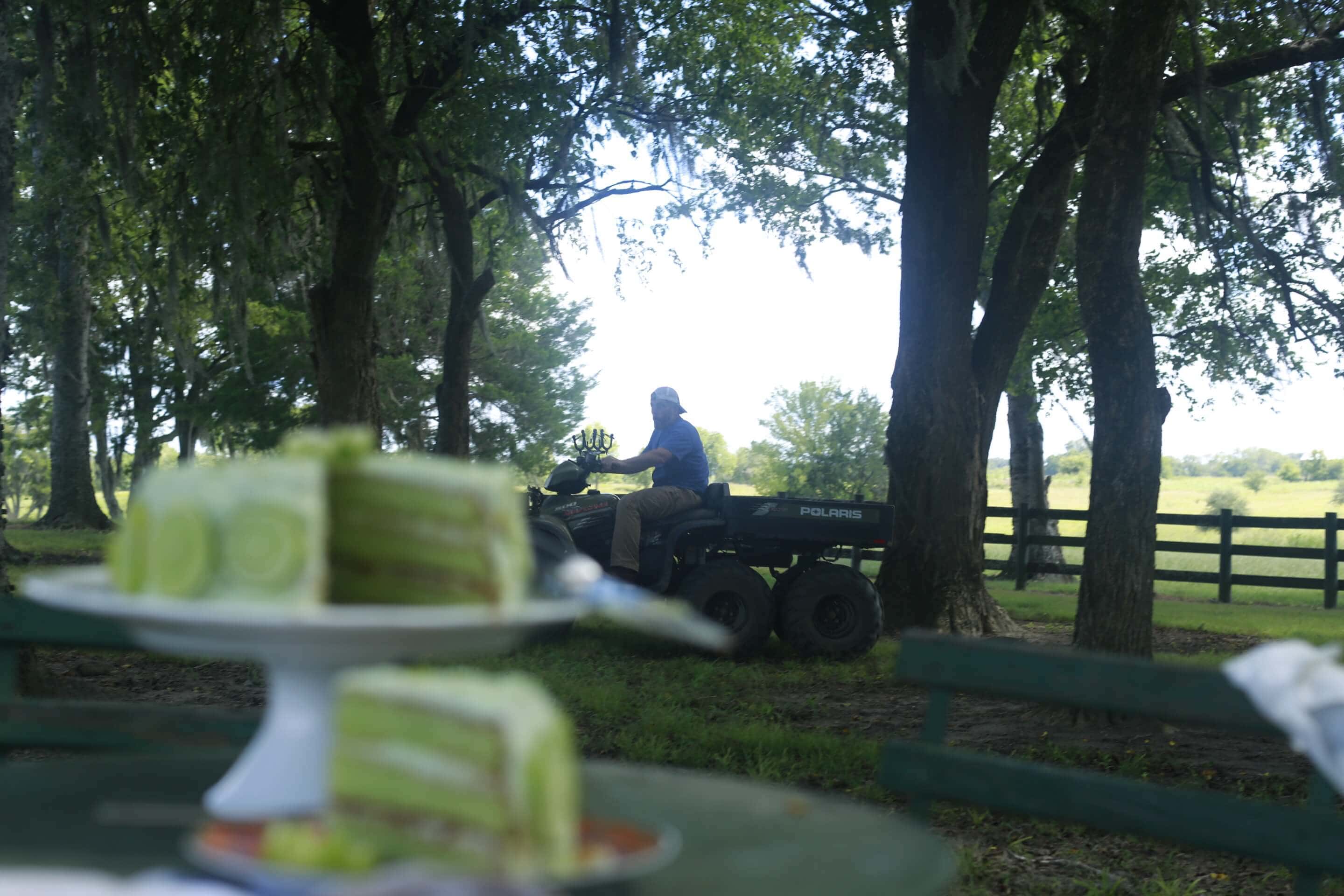 Key lime pie with ATV riding in the background