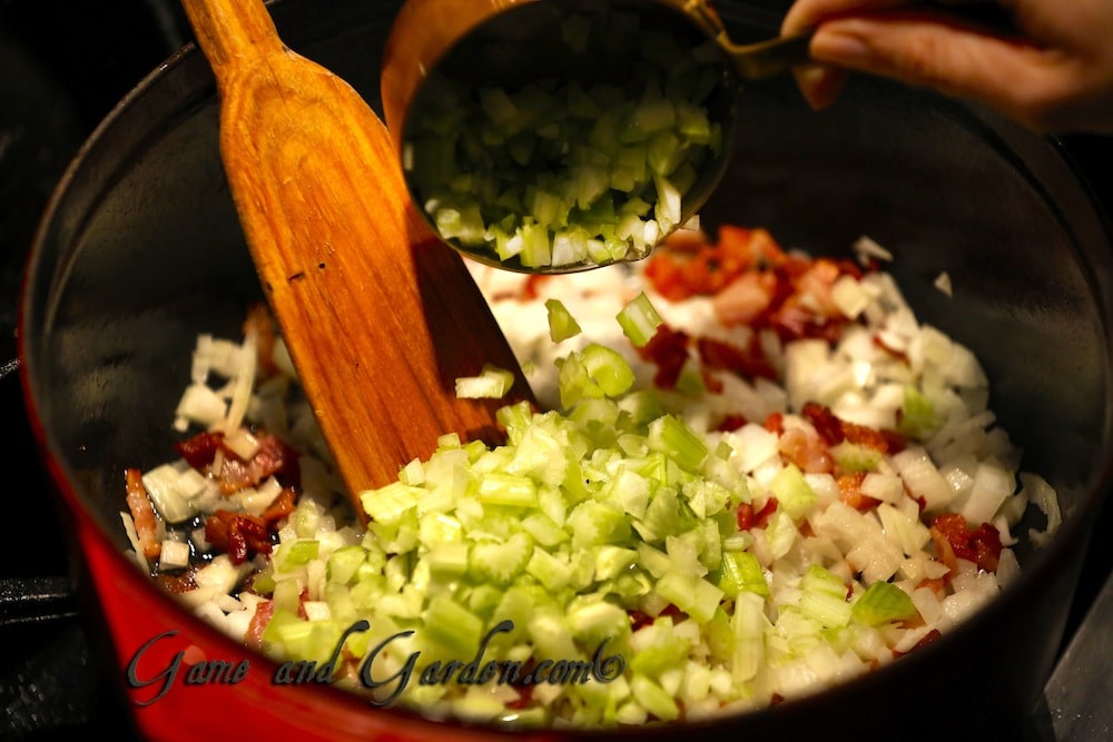 Sautè onions, celery, and garlic before adding the peas and stock.