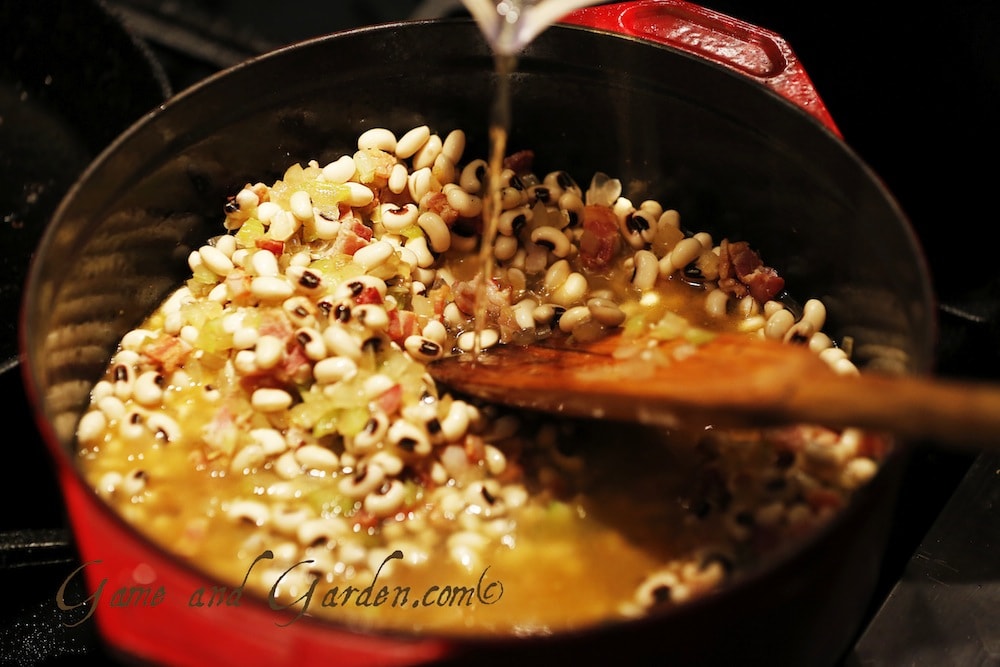 Pour the peas and stock into the pot and simmer for about an hour only to await the most flavorful peas you have ever had!
