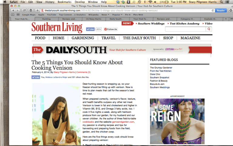 Stacy Harris in Southern Living on Cooking Venison