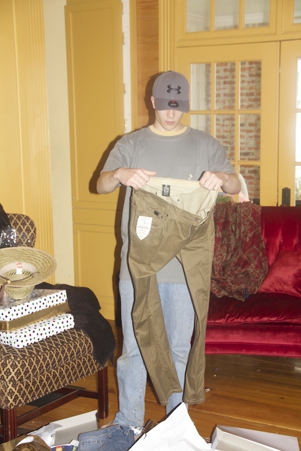 Hunter looks at the pants and I think, "Surely he isn't going to put these on…"