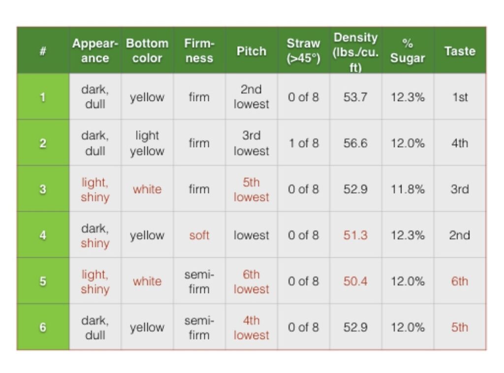 Chart of watermelon ripeness and flavor as measured by eight different criteria for six watermelons