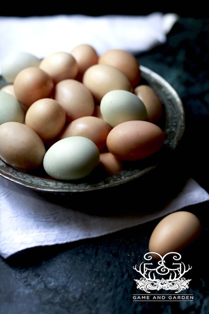 bowl of mixed white and brown eggs on counter with one egg outside the bowl