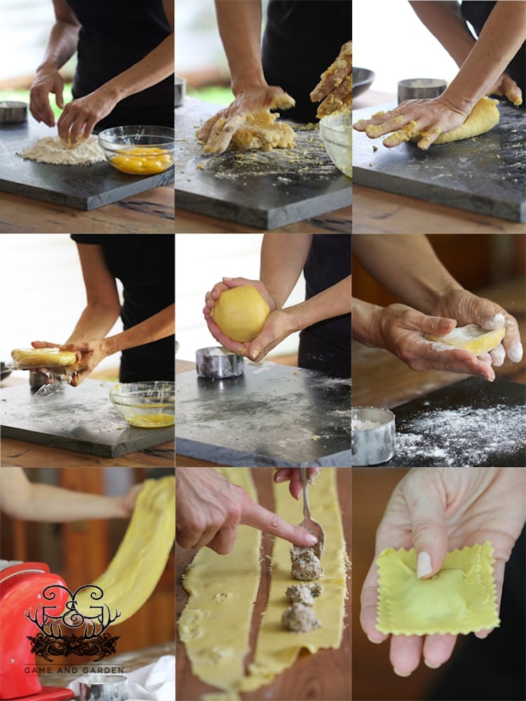 step-by-step visual guide to to making your own pasta for ravioli: mixing flour and eggs, working and rolling the dough, cutting into strips of pasta noodles, and then filling and shaping the ravioli.