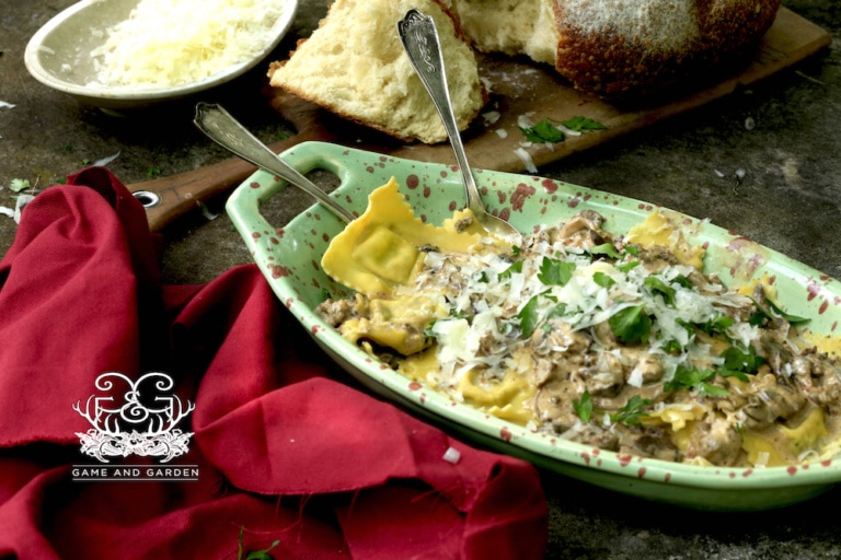 Homemade Sausage Ravioli with Creamy Mushroom Sauce