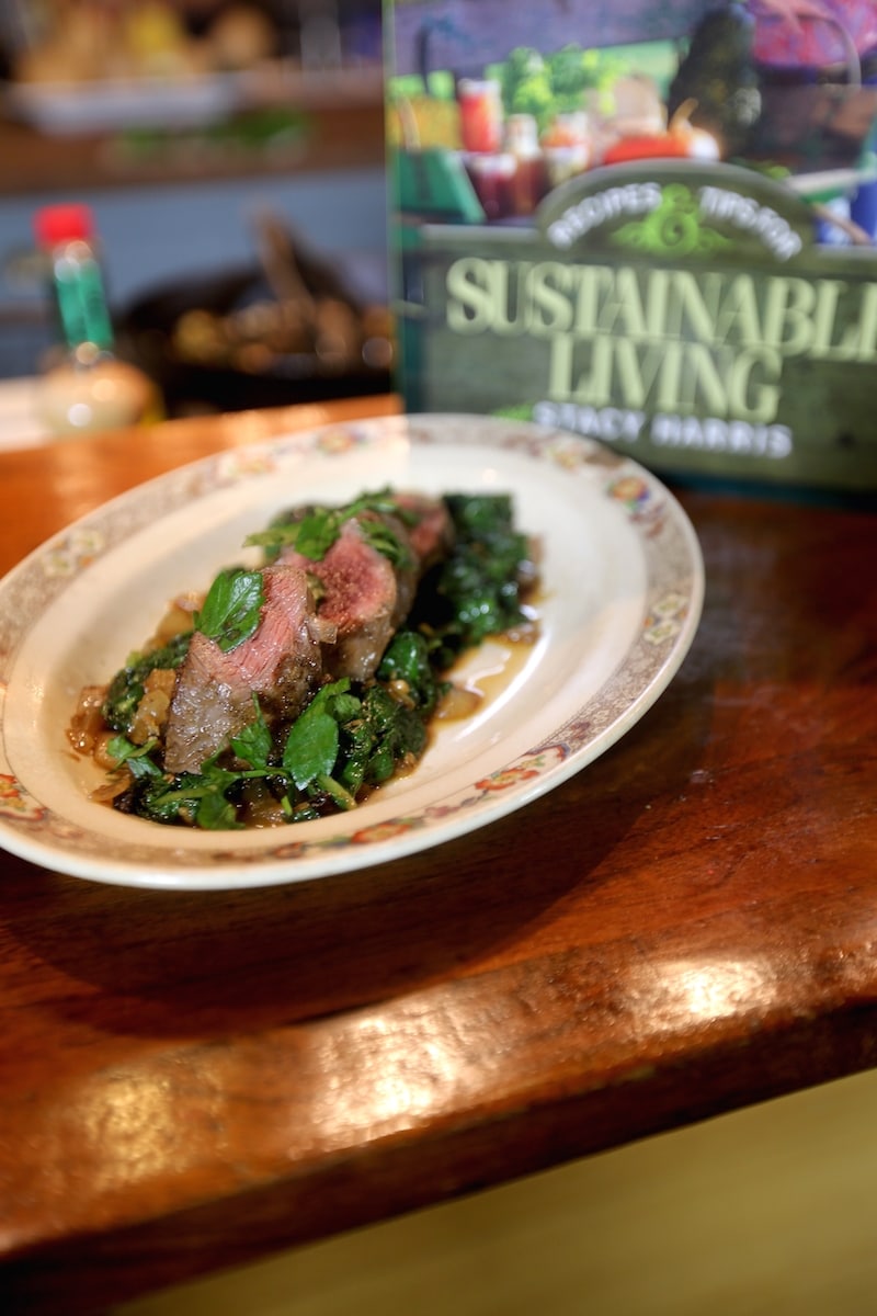 You can find this recipe (Turnip Greens and Seared Venison Loin) in Recipes and Tips for Sustainable Living, Stacy Lyn's latest cookbook.