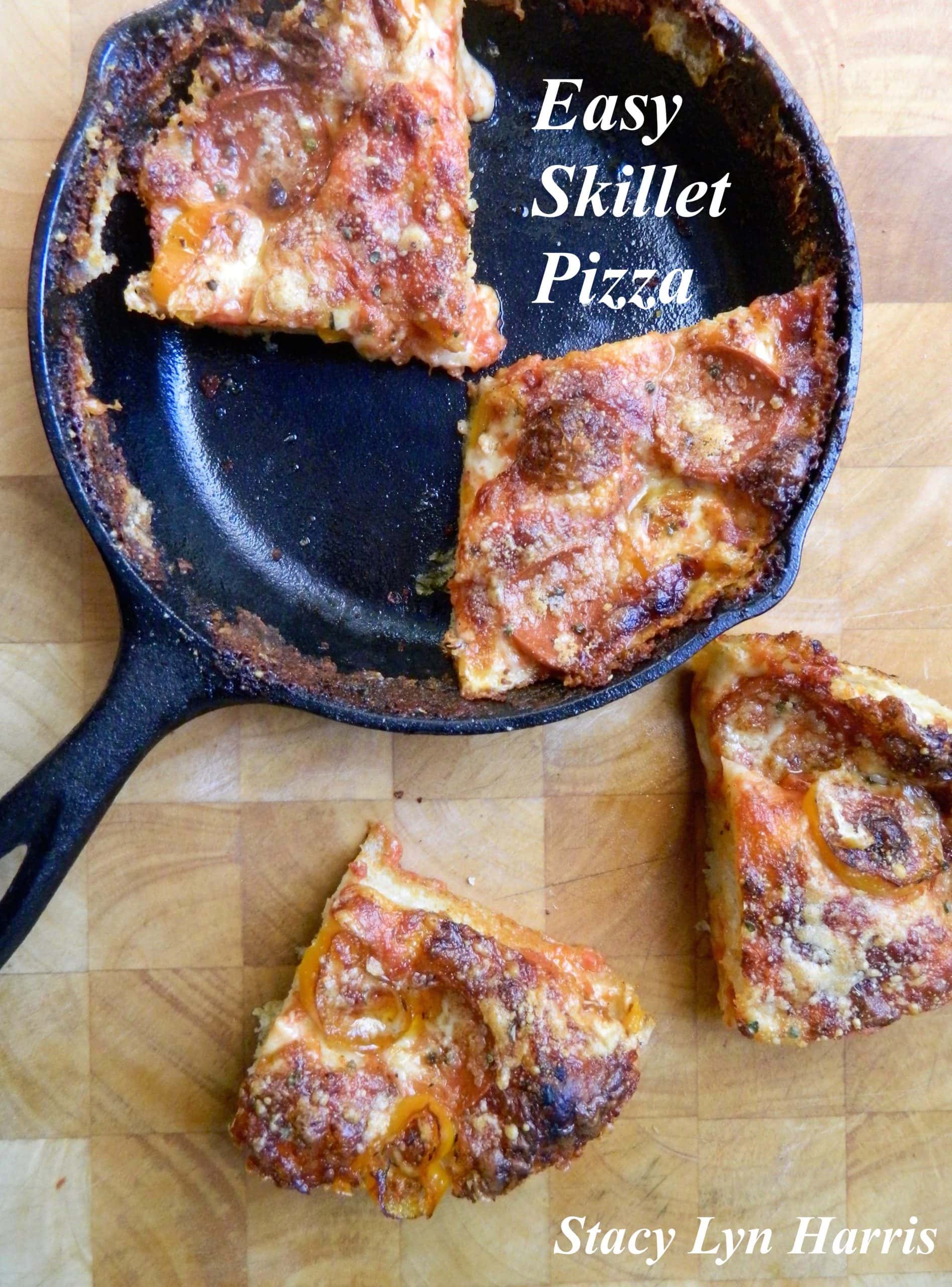 Easy Skillet Pizza slices in cast-iron pan and on cutting board