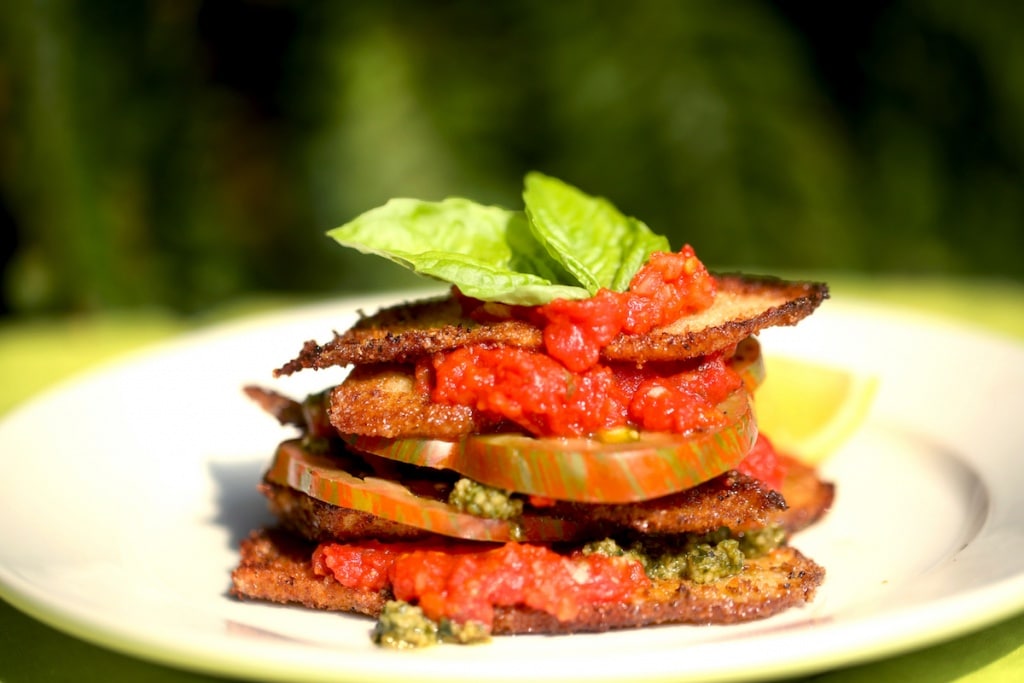 Fried Squash with Tomato, Marinara, and Basil