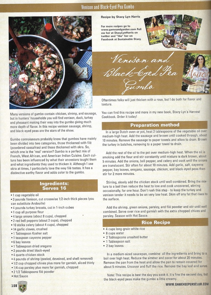 Stacy Lyn Harris' Black-eyed Pea Gumbo featured in Gamekeepers Magazine. Courtesy of Stacy Lyn's Harvest Cookbook. 