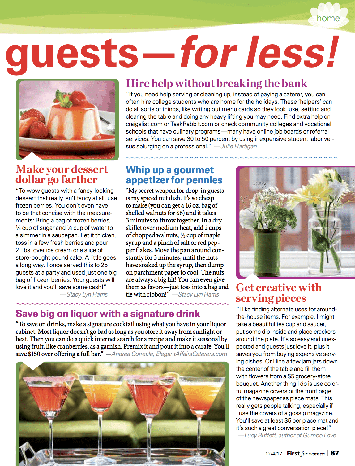 Stacy Lyn Harris gives tips for simple delicious desserts in First For Women Magazine - Holiday Issue December 2017.