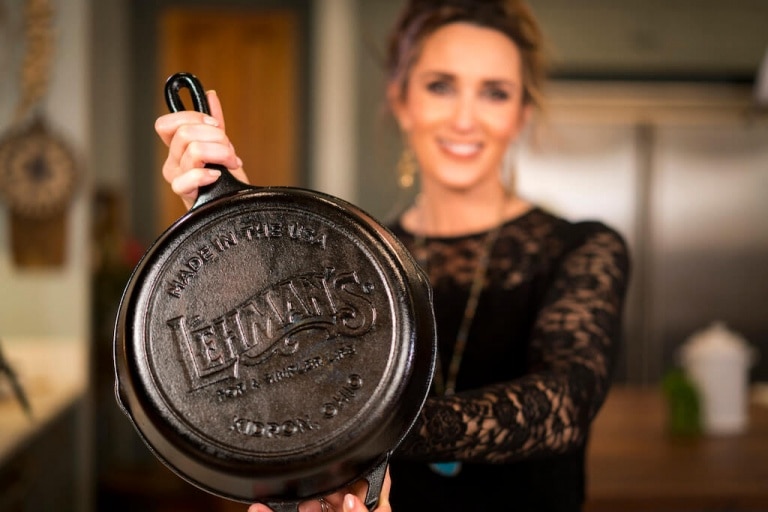 Stacy Lyn holding Lehman's skillet