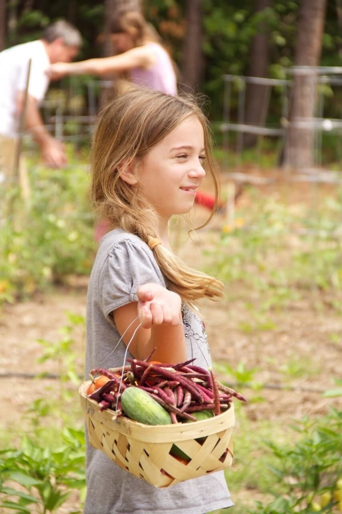Stacy's daughter carrying harvested veggies