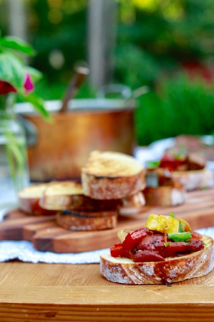 Ratatouille plated on sourdough bread as a spread