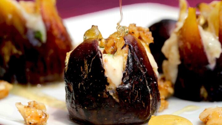 Figs baked and stuffed with honey mascarpone cheese filling drizzled with honey