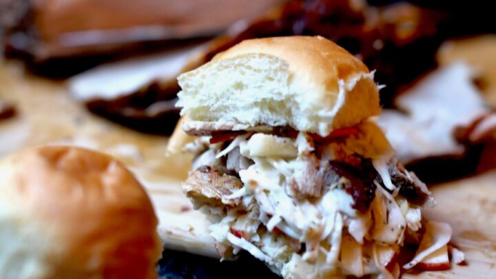 Smoky roasted pulled pork sliders with coleslaw made with mustard and apples