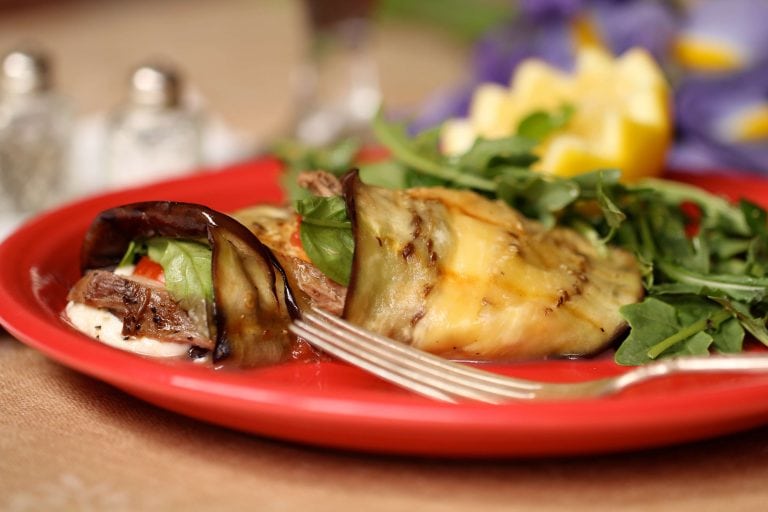 Venizon and mozzarella cheese wrapped with a grilled eggplant
