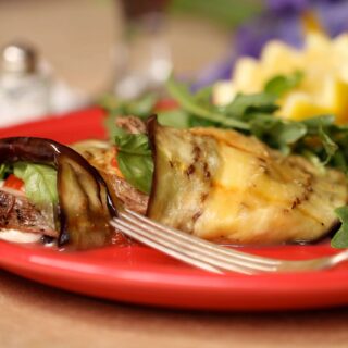 Venizon and mozzarella cheese wrapped with a grilled eggplant