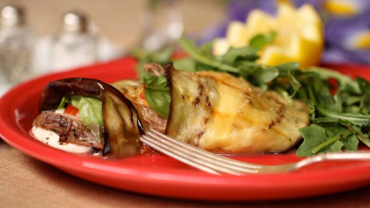 Venizon and mozzarella cheese wrapped with a grilled eggplant
