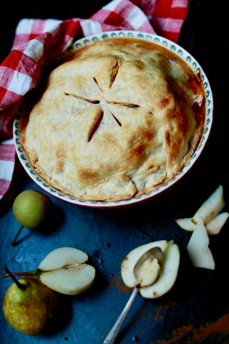Homemade pear pie with homegrown pear and homemade pie crust