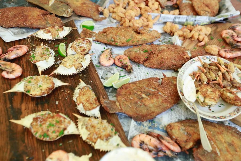 Assortment of fried seafood, fish fry after beach day