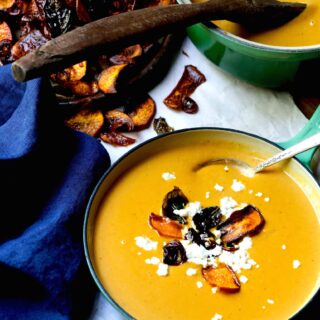 Stacy Lyn's creamy sweet potato soup with goat cheese and fried sweet potatoes