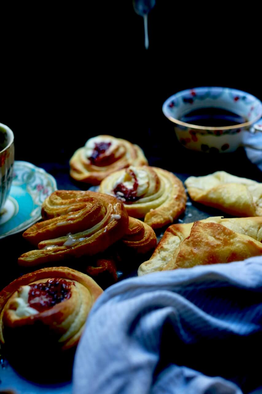 Recipe for Danish pastries by Stacy Lyn, with instructions for spiraled danish pastries and danishes with cream, pastry, or jelly filling