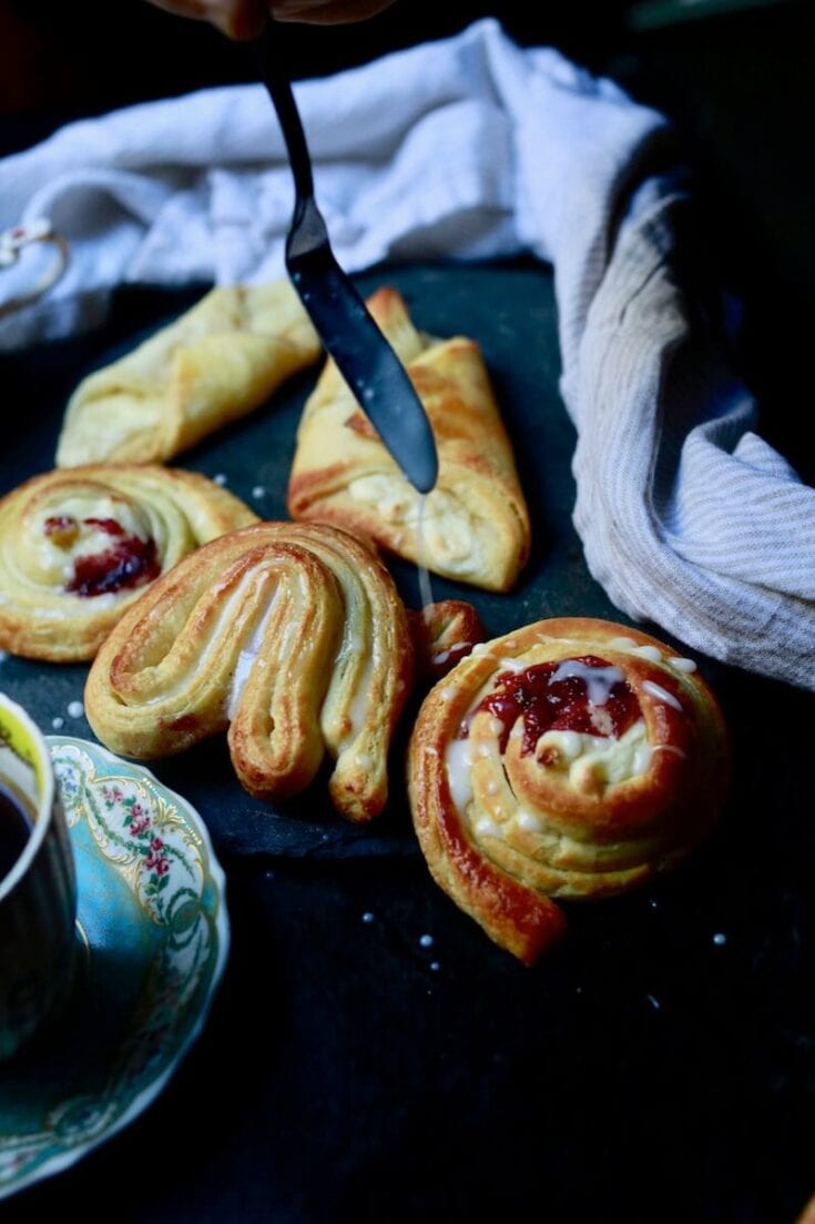 Recipe for Danish pastries by Stacy Lyn, with instructions for spiraled danish pastries and danishes with cream, pastry, or jelly filling