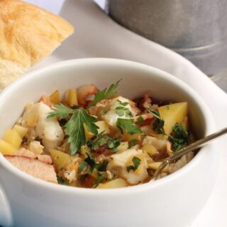 Fisherman's stew made with flounder fillets and bacon, recipe by Stacy Lyn Harris