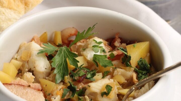 Fisherman's stew made with flounder fillets and bacon, recipe by Stacy Lyn Harris