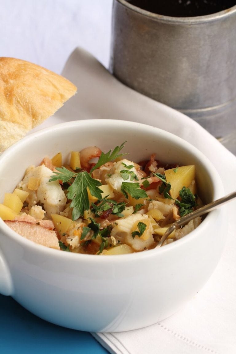 Fisherman's stew made with flounder fillets and bacon, recipe by Stacy Lyn Harris