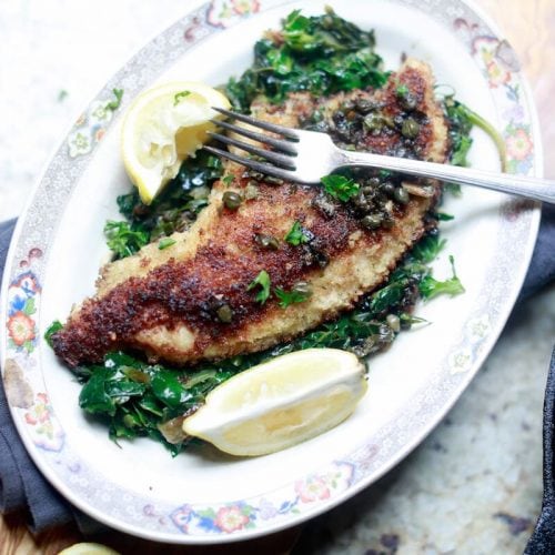 Catfish piccata made with US Farm-Raised Catfish with capers and collard greens