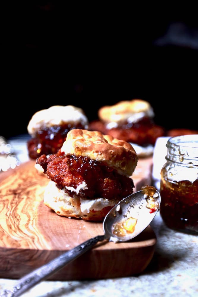 Fried turkey biscuit with red pepper jelly, recipe by Stacy Lyn Harris
