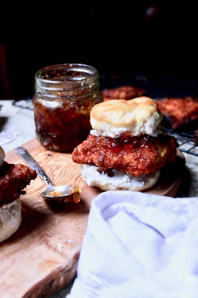 Fried turkey biscuit with red pepper jelly and goat cheese, recipe by Stacy Lyn Harris