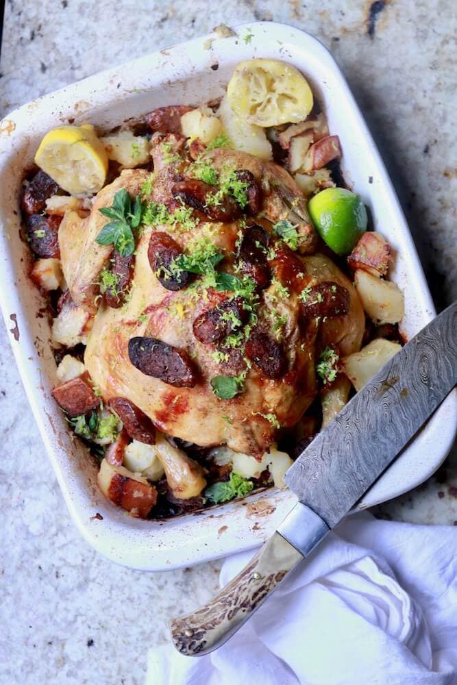roasted chicken and sausage with gremolata, recipe by stacy lyn harris
