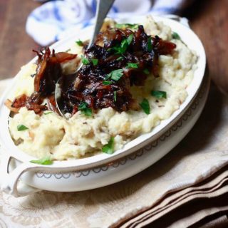 Horseradish-dijon mashed potatoes with caramelized onions, recipe by Stacy Lyn Harris