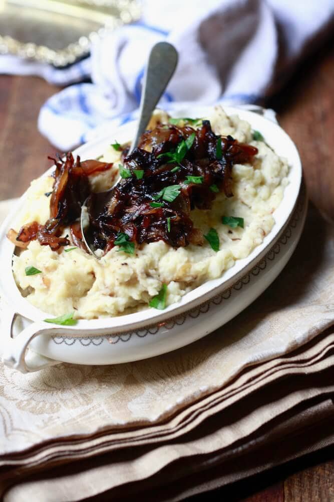 Horseradish-dijon mashed potatoes with caramelized onions, recipe by Stacy Lyn Harris