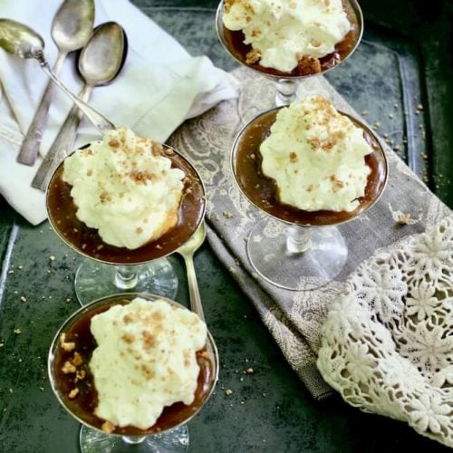 Oatmeal pecan crumble parfait with vanilla chantilly cream served in martini glasses, recipe by Stacy Lyn Harris