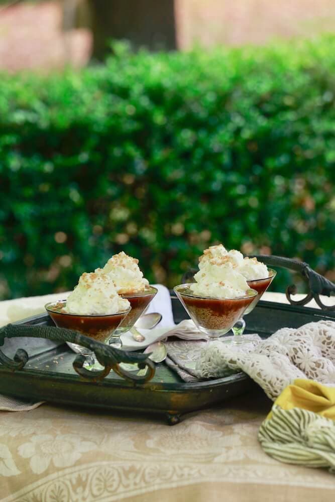 Oatmeal pecan crumble parfait with vanilla chantilly cream served in martini glasses, recipe by Stacy Lyn Harris