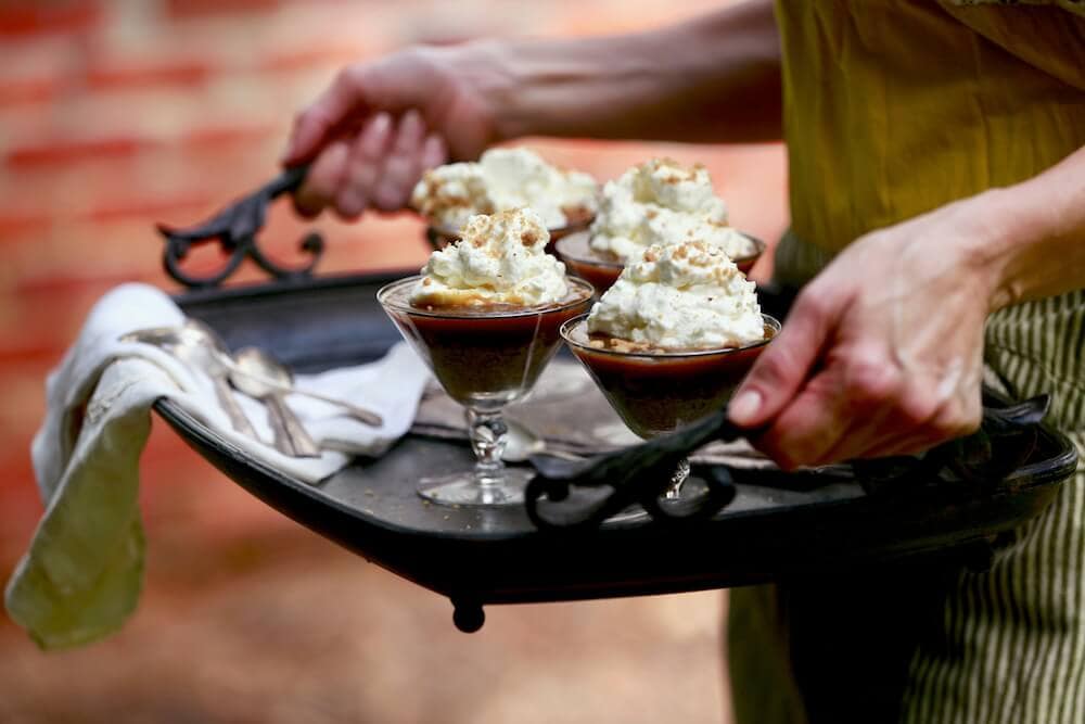Oatmeal pecan crumble parfait with vanilla chantilly cream served in martini glasses, recipe by Stacy Lyn Harris