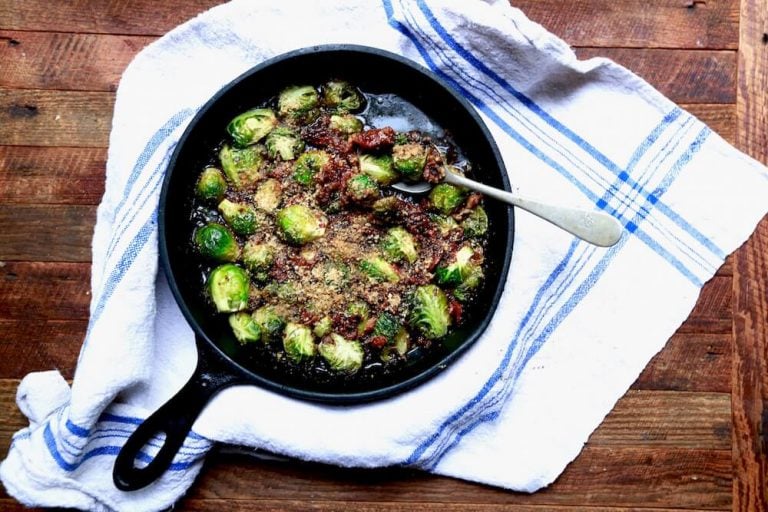 Oven roasted brussels sprouts with beer-glazed bacon topping, recipe by stacy lyn harris