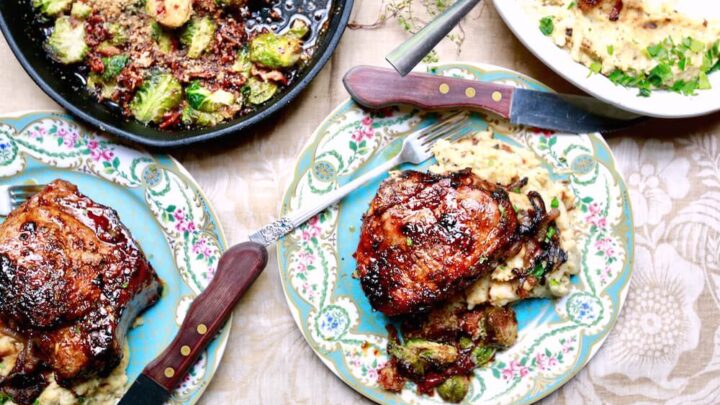 Spinach and mozzarella stuffed pork chops with cane syrup dijon glaze, recipe by stacy lyn harris