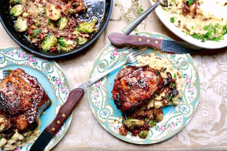Spinach and mozzarella stuffed pork chops with cane syrup dijon glaze, recipe by stacy lyn harris