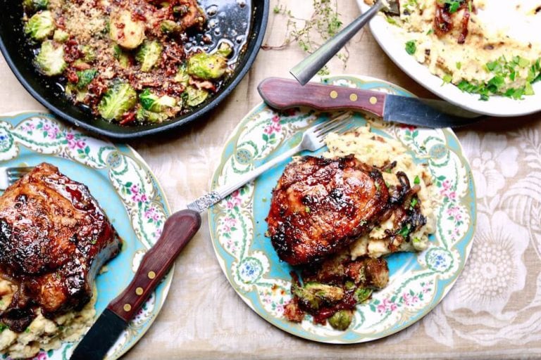 Spinach and mozzarella stuffed pork chops with cane syrup dijon glaze, recipe by stacy lyn harris