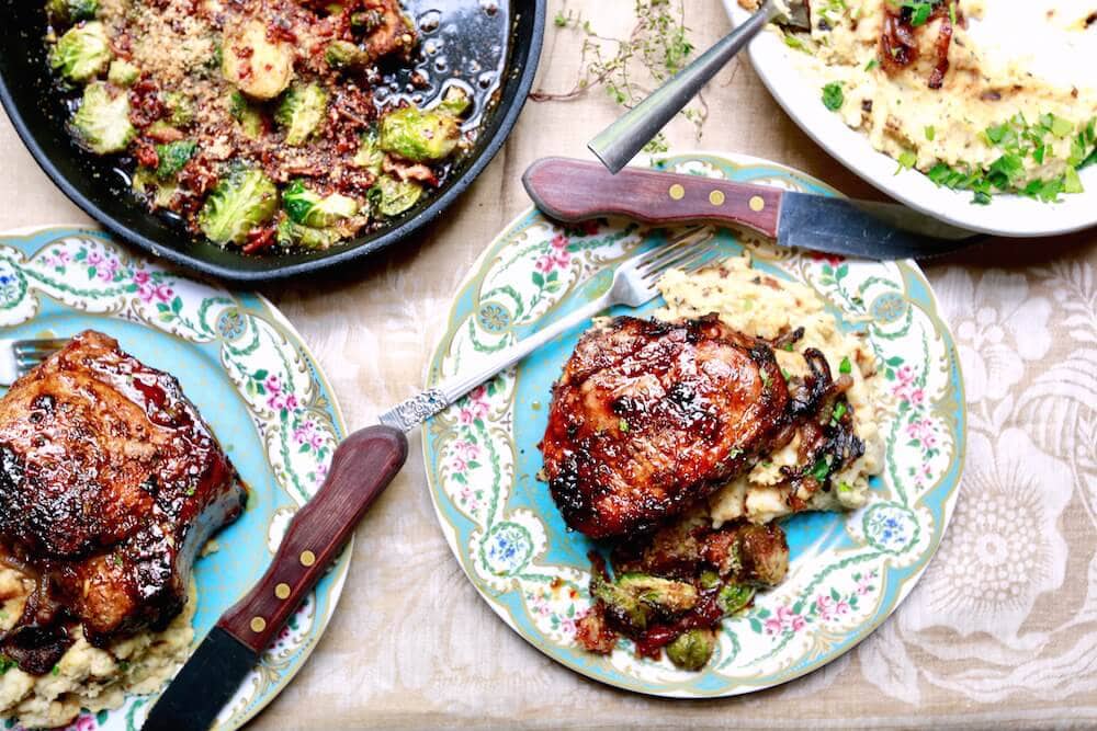 Spinach and mozzarella stuffed pork chops with cane syrup dijon glaze, recipe by stacy lyn harris