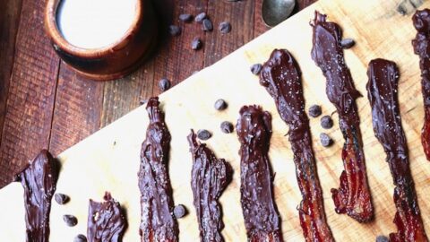 Sweet and Salty Chocolate-Dipped Candied Bacon appetizer, recipe by stacy lyn harris