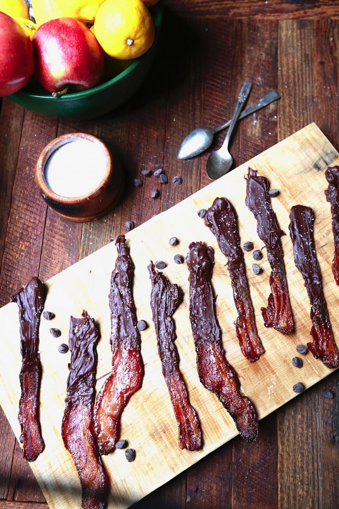Sweet and Salty Chocolate-Dipped Candied Bacon appetizer, recipe by stacy lyn harris