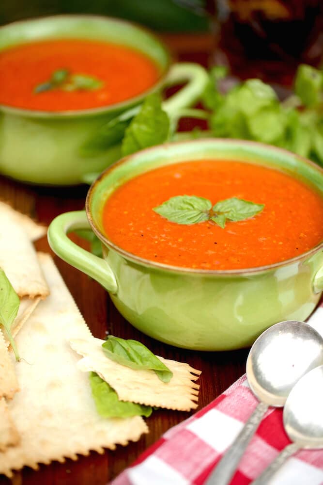 Fresh homemade tomato soup with vine-ripened tomatoes and fresh herbs straight from the garden, recipe by Stacy Lyn Harris in her Harvest cookbook