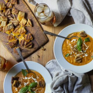 roasted tomato soup with fresh herbs and grilled cheese croutons