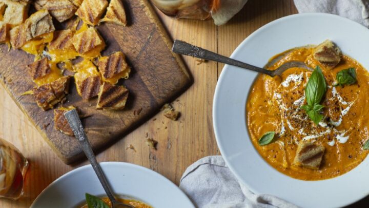 roasted tomato soup with fresh herbs and grilled cheese croutons