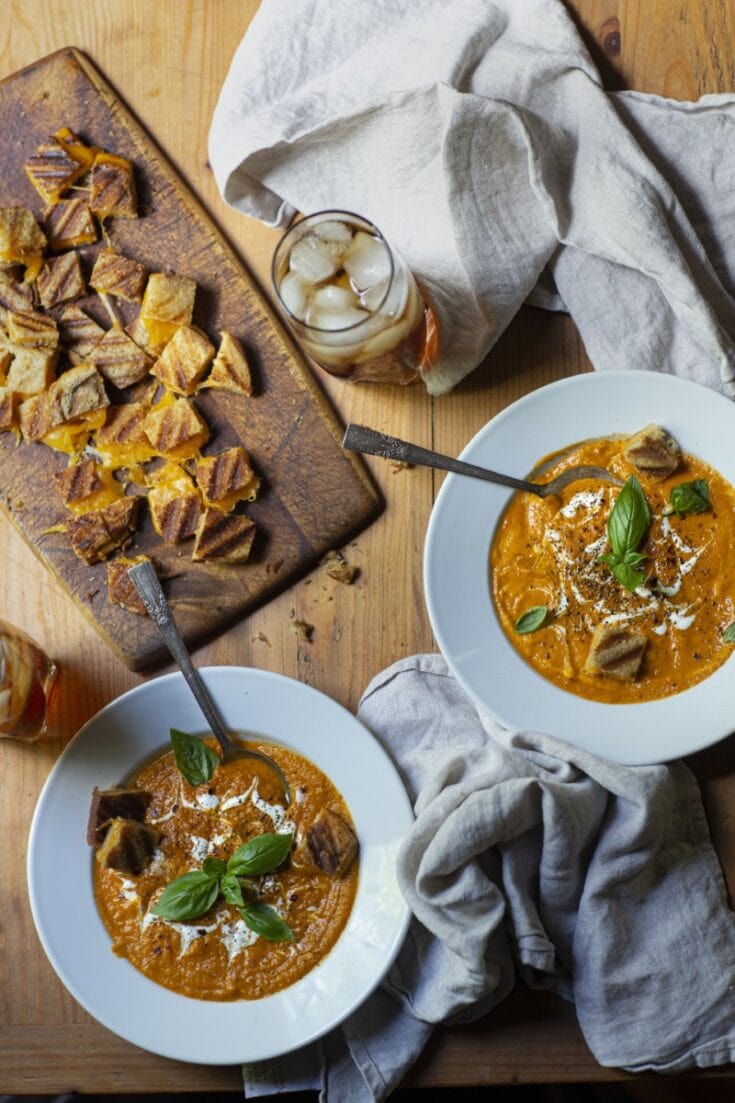 roasted tomato soup with fresh herbs and grilled cheese croutons